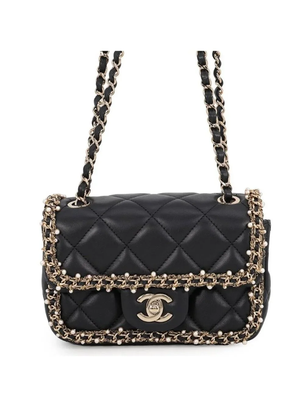 Chanel Chain Shoulder Bag Mini Quilted CC Logo Lambskin Faux Pearl Black